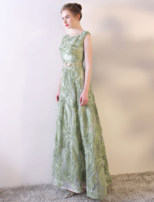 Prom Dresses Long Sage Green Embossment Texture Sleeveless A Line With Sash Wedding Guest Dress