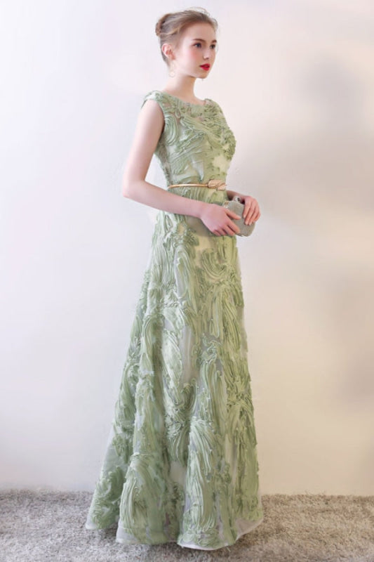 Prom Dresses Long Sage Green Embossment Texture Sleeveless A Line With Sash Wedding Guest Dress