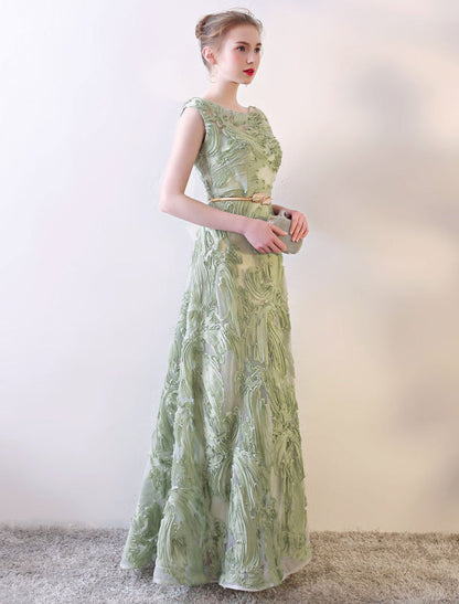 Prom Dresses Long Sage Green Embossment Texture Sleeveless A Line With Sash Wedding Guest Dress