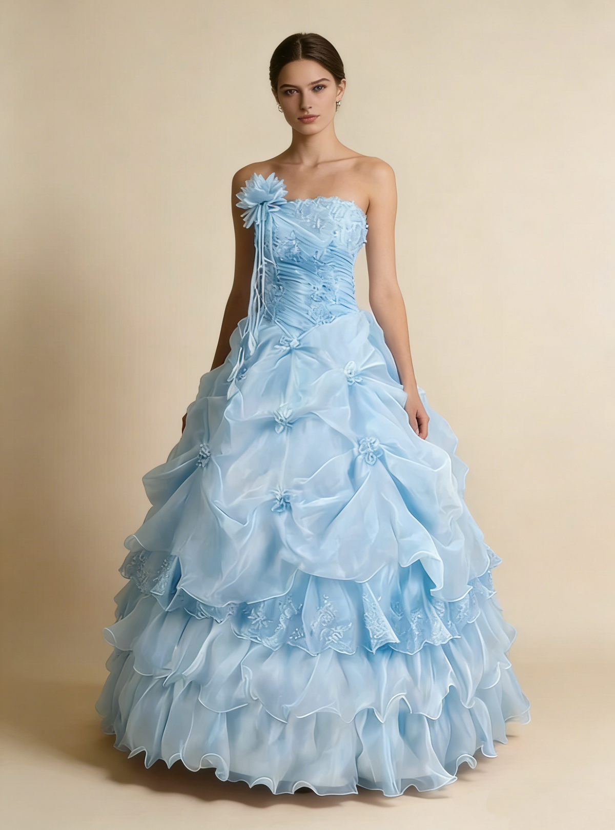 Pretty Prom Dress Strapless Pleated Flower Ball Gown Birthday Party Dress Evening Dress HZ0319