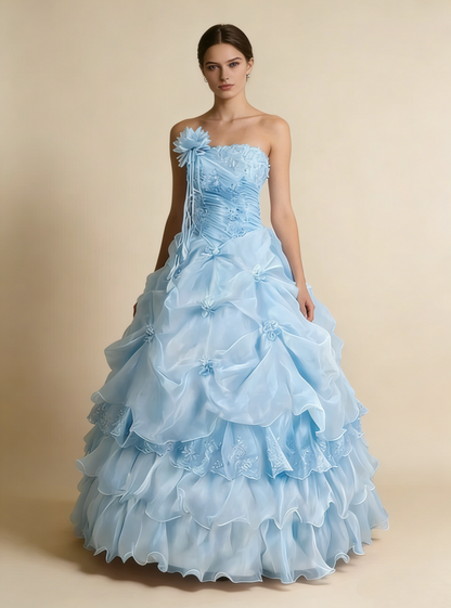 Pretty Prom Dress Strapless Pleated Flower Ball Gown Birthday Party Dress Evening Dress HZ0319