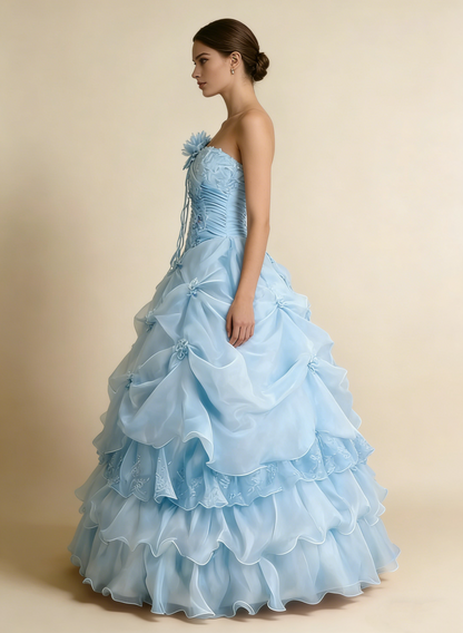Pretty Prom Dress Strapless Pleated Flower Ball Gown Birthday Party Dress Evening Dress HZ0319
