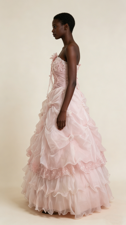 Pretty Prom Dress Strapless Pleated Flower Ball Gown Birthday Party Dress Evening Dress HZ0319