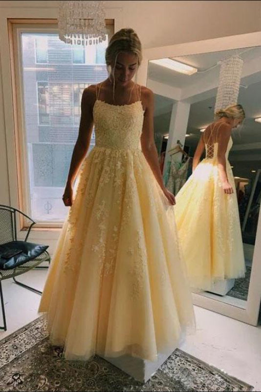 Puffy Spaghetti Straps Floor Length Prom with Appliques Long Evening Dress