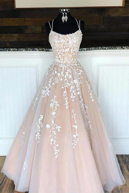 Puffy Spaghetti Straps Floor Length Prom with Appliques Long Evening Dress