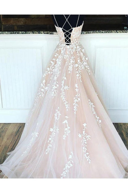Puffy Spaghetti Straps Floor Length Prom with Appliques Long Evening Dress