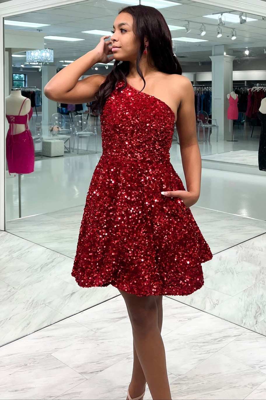 One-Shoulder Purple Sequins A-Line Short Homecoming Dress