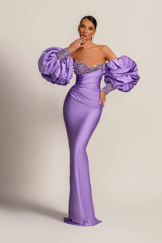 Purple Mermaid Prom Dress Long with Bubble Sleeves and Long Sleeves