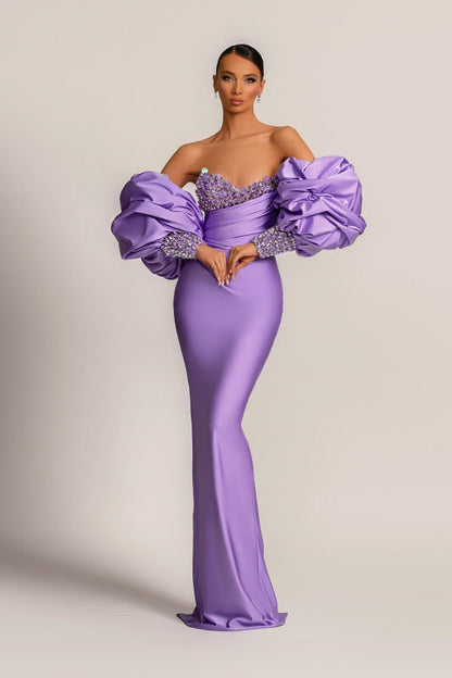 Purple Mermaid Prom Dress Long with Bubble Sleeves and Long Sleeves
