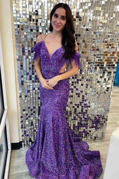 Iridescent Purple Cutout Sequins Long Prom Dress with Feathers