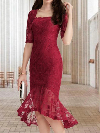 Mermaid / Trumpet Mother of the Bride Dress Vintage Elegant High Low Square Neck Asymmetrical Tea Length Lace Half Sleeve with Ruffles