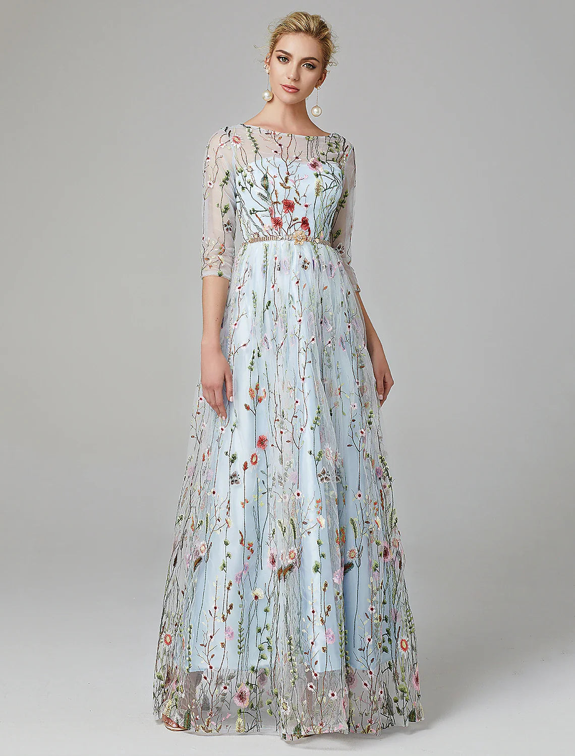 A-Line Evening Gown Party Dress Floral Dress Holiday Wedding Guest Floor Length 3/4 Length Sleeve Illusion Neck Lace with Embroidery 2025