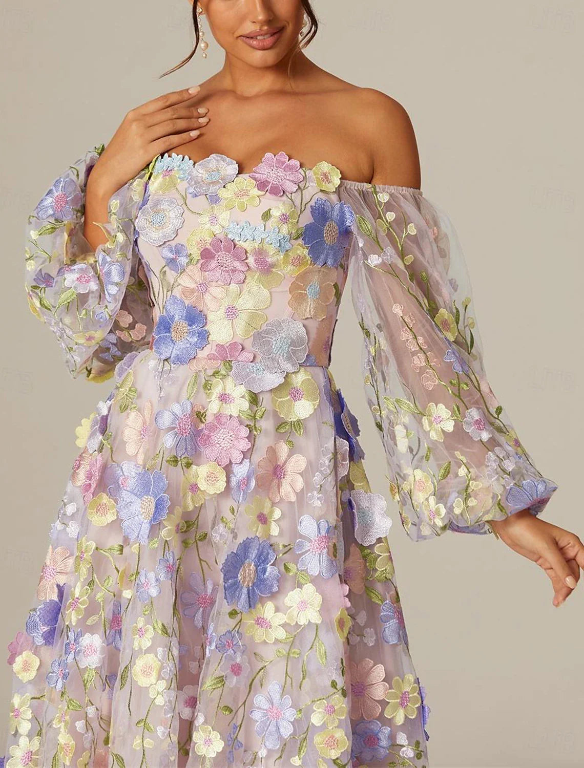 A-Line Prom Dresses Vintage Dress Valentine's Day Prom Tea Length Long Sleeve Square Neck Tulle with Appliques