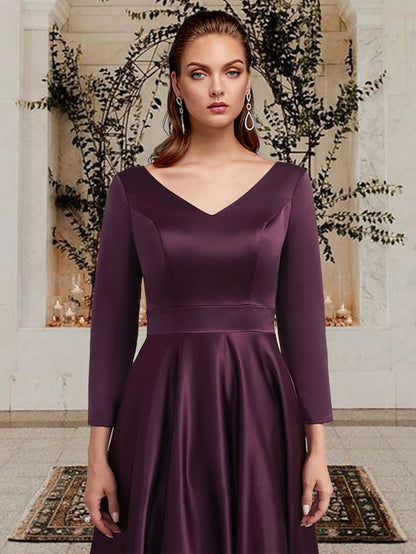 A-Line Mother of the Bride Dress Plus Size Elegant V Neck Ankle Length Satin Long Sleeve with Pleats