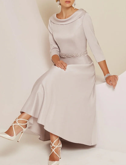 A-Line Mother of the Bride Dress Wedding Guest Elegant Vintage Plus Size Bateau Neck Tea Length Satin 3/4 Length Sleeve with Beading