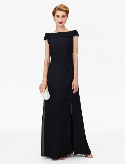 Aimishang Sheath / Column Mother of the Bride Dress Furcal Off Shoulder Floor Length Chiffon Short Sleeve No with Pleats Split Front