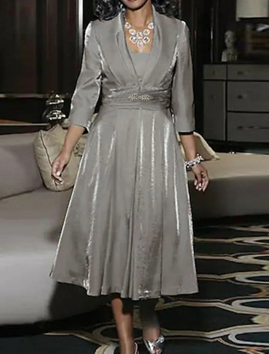 A-Line Mother of the Bride Dress Wedding Guest Elegant Vintage Plus Size Square Neck Tea Length Polyester 3/4 Length Sleeve Jacket Dresses with Ruching