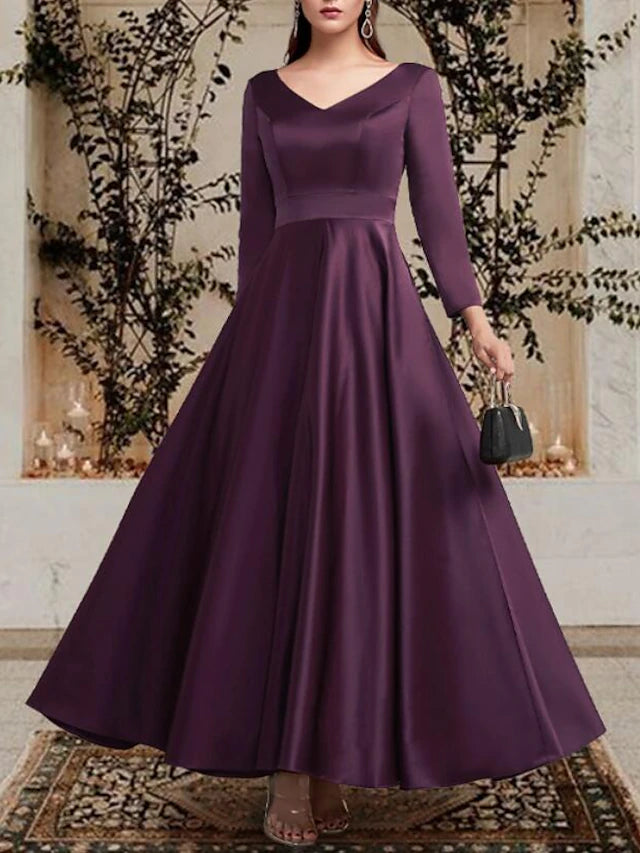 A-Line Mother of the Bride Dress Plus Size Elegant V Neck Ankle Length Satin Long Sleeve with Pleats