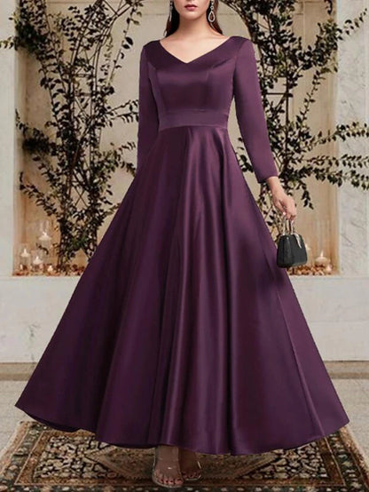 A-Line Mother of the Bride Dress Plus Size Elegant V Neck Ankle Length Satin Long Sleeve with Pleats