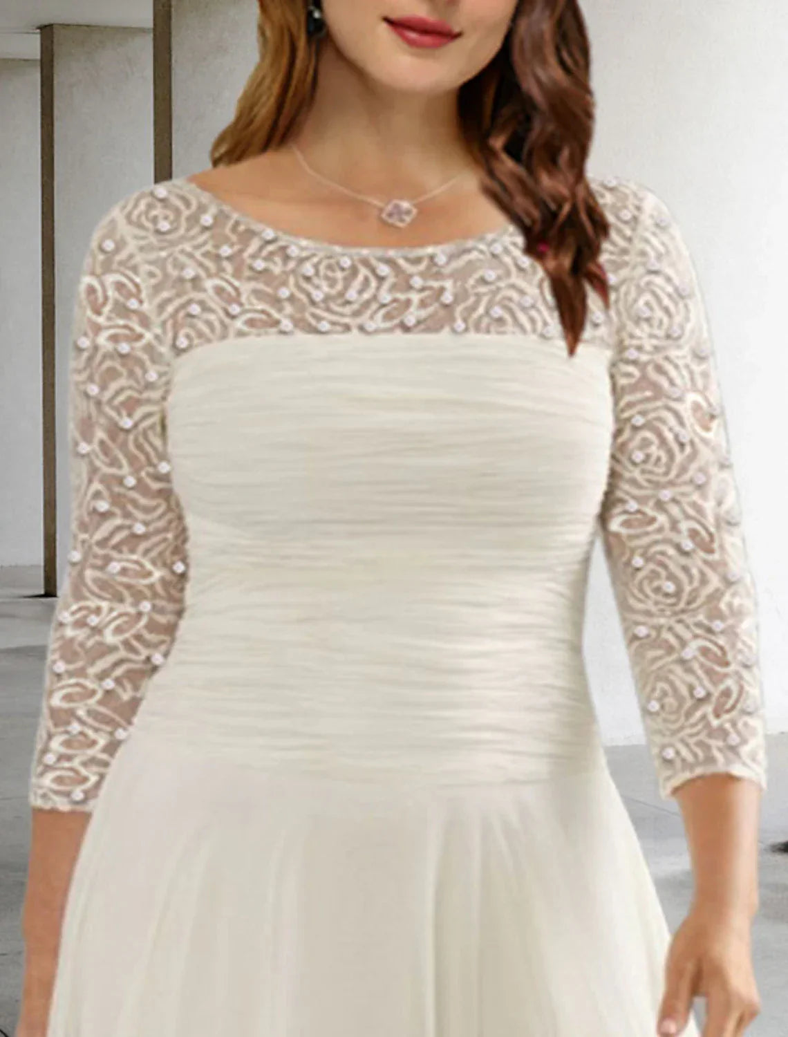 A-Line Plus Size Curve Mother of the Bride Dresses Elegant Dress Formal Wedding Guest Tea Length 3/4 Length Sleeve Jewel Neck Chiffon with Ruched Beading Sequin