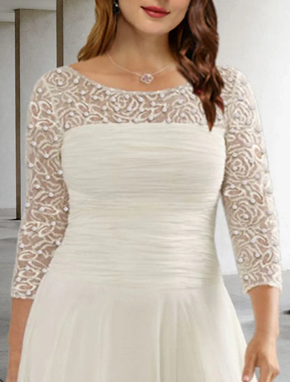 A-Line Plus Size Curve Mother of the Bride Dresses Elegant Dress Formal Wedding Guest Tea Length 3/4 Length Sleeve Jewel Neck Chiffon with Ruched Beading Sequin