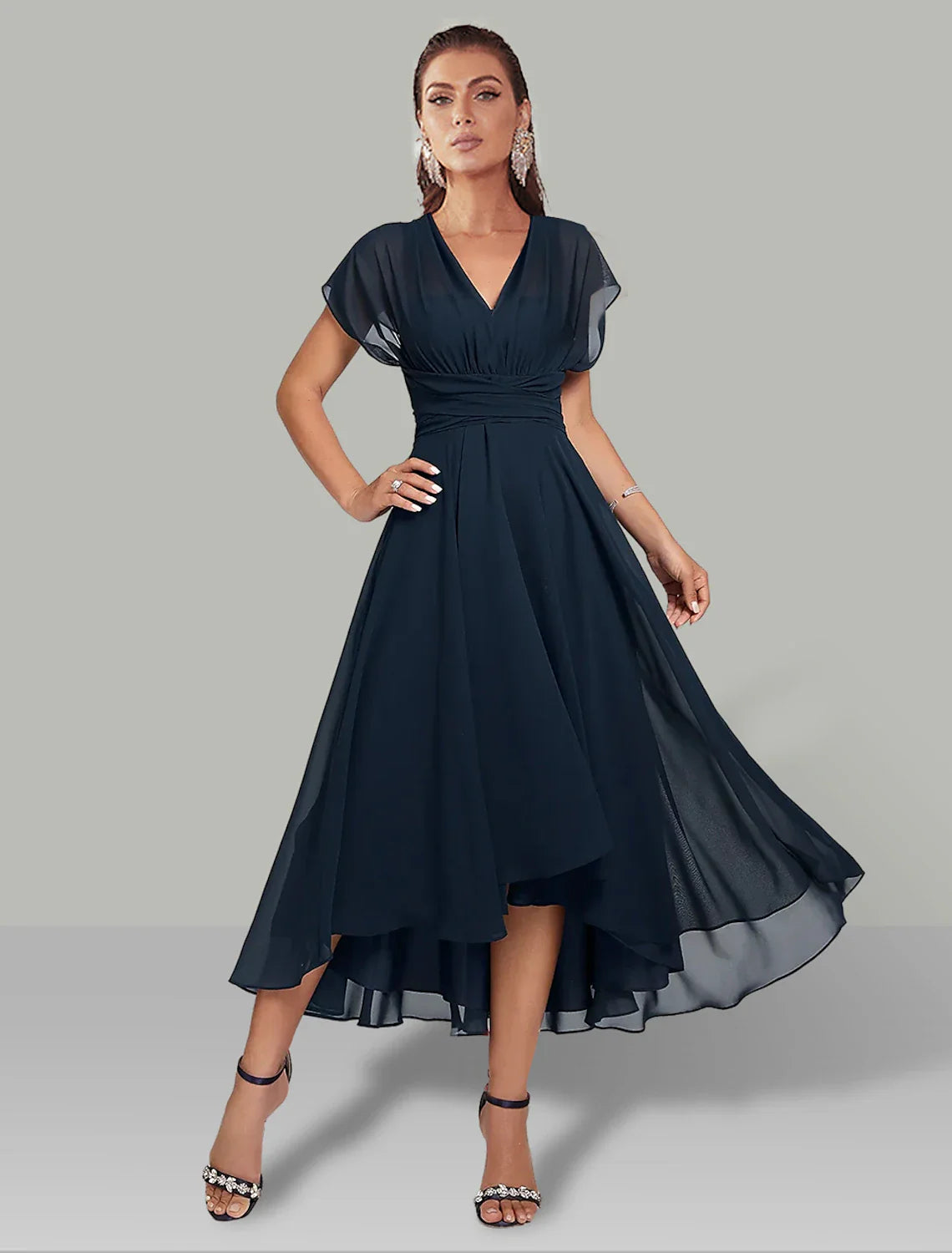 A-Line Blue Wedding Guest Dresses Convertible Infinity Mother Of The Bride Dress Formal Tea Length Sleeveless One Shoulder Chiffon with Ruched
