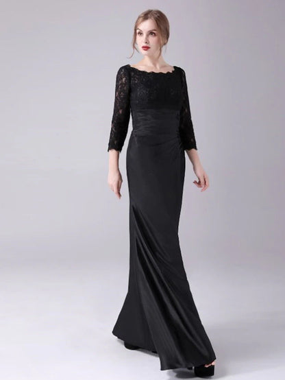 Mermaid / Trumpet Mother of the Bride Dress Plus Size Elegant Jewel Neck Floor Length Stretch Satin 3/4 Length Sleeve with Lace