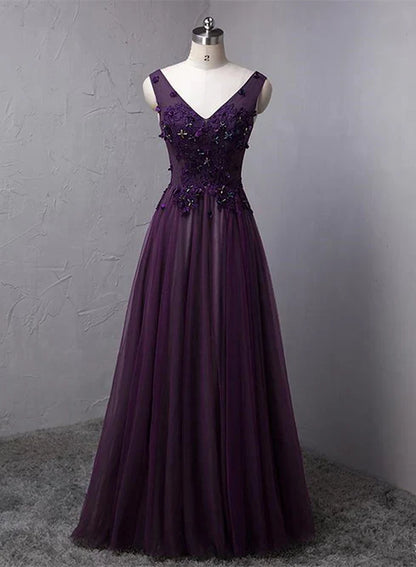 Dark Purple V-neckline Beaded Tulle Long Formal Dress Evening Dress Prom Dress