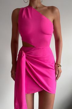 Hot pink one shoulder party dress ruches party dress CL002