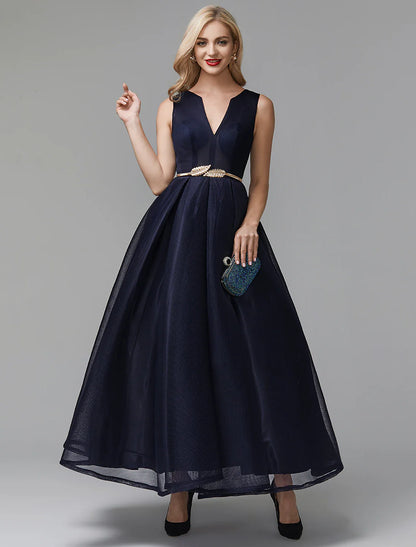 A-Line Little Black Dress Dress Wedding Guest Cocktail Party Ankle Length Sleeveless V Wire Spandex with Sash / Ribbon