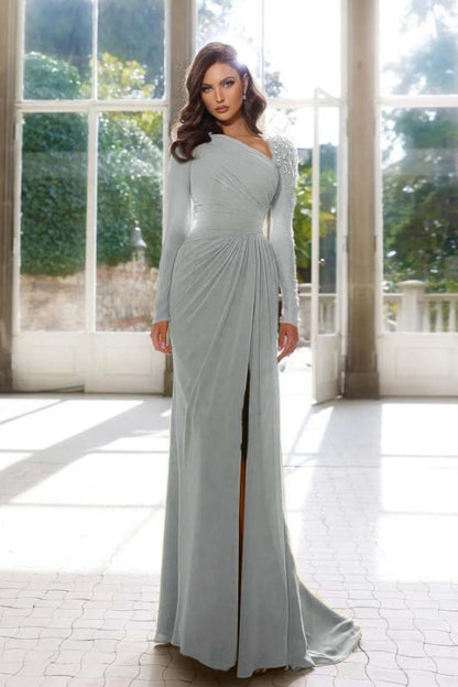 Radiant Asymmetric Pleated Slit Prom Gown with Long Sleeves