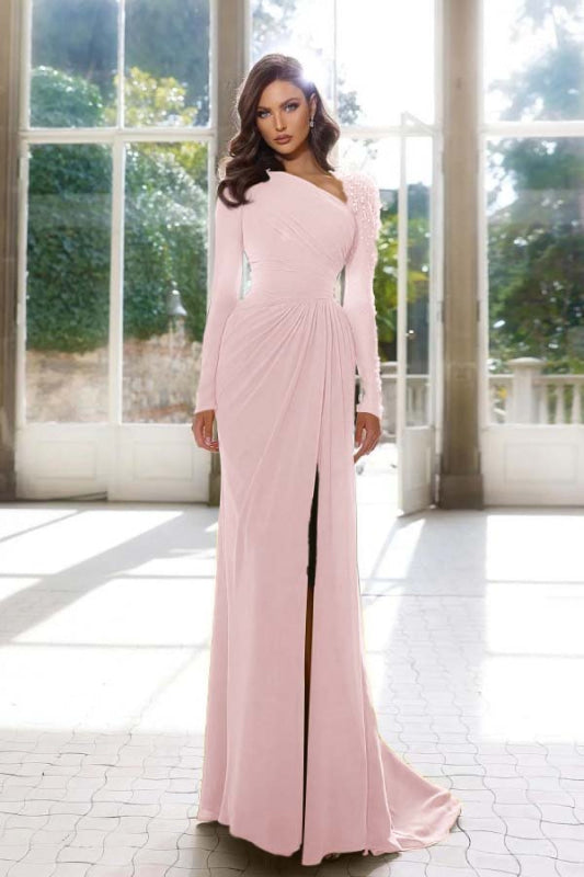 Radiant Asymmetric Pleated Slit Prom Gown with Long Sleeves
