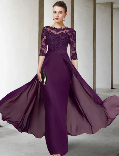 Sheath / Column Mother of the Bride Dress Elegant Plus Size Jewel Neck V Neck Floor Length Chiffon Lace Half Sleeve with Ruched Appliques