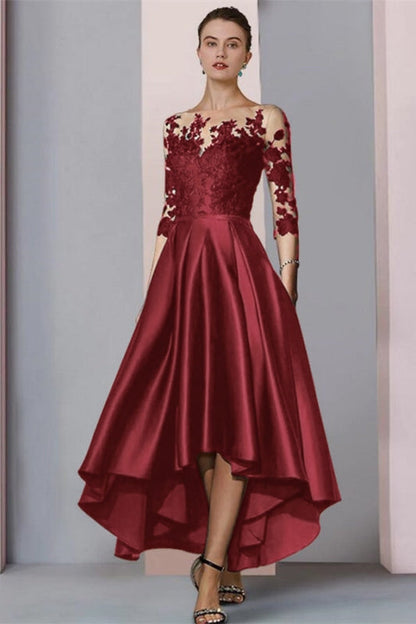 3/4 Sleeves Satin Hi-Lo Mother of-Bride Dress with Appliques