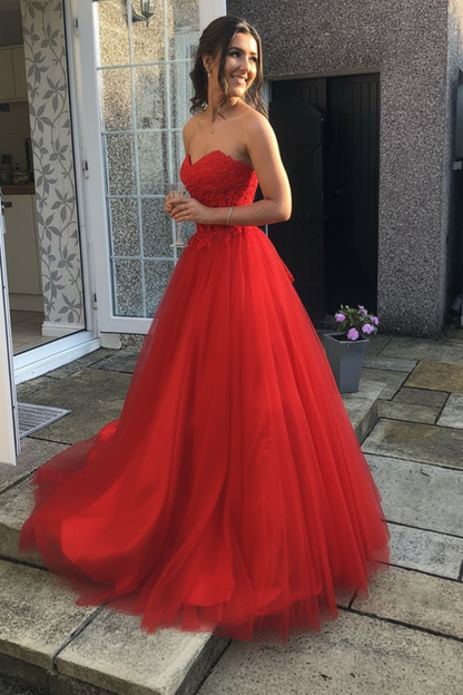 Sweetheart Open Back Pink Lace Long Prom Dresses Tulle Aline Formal Evening Dresses