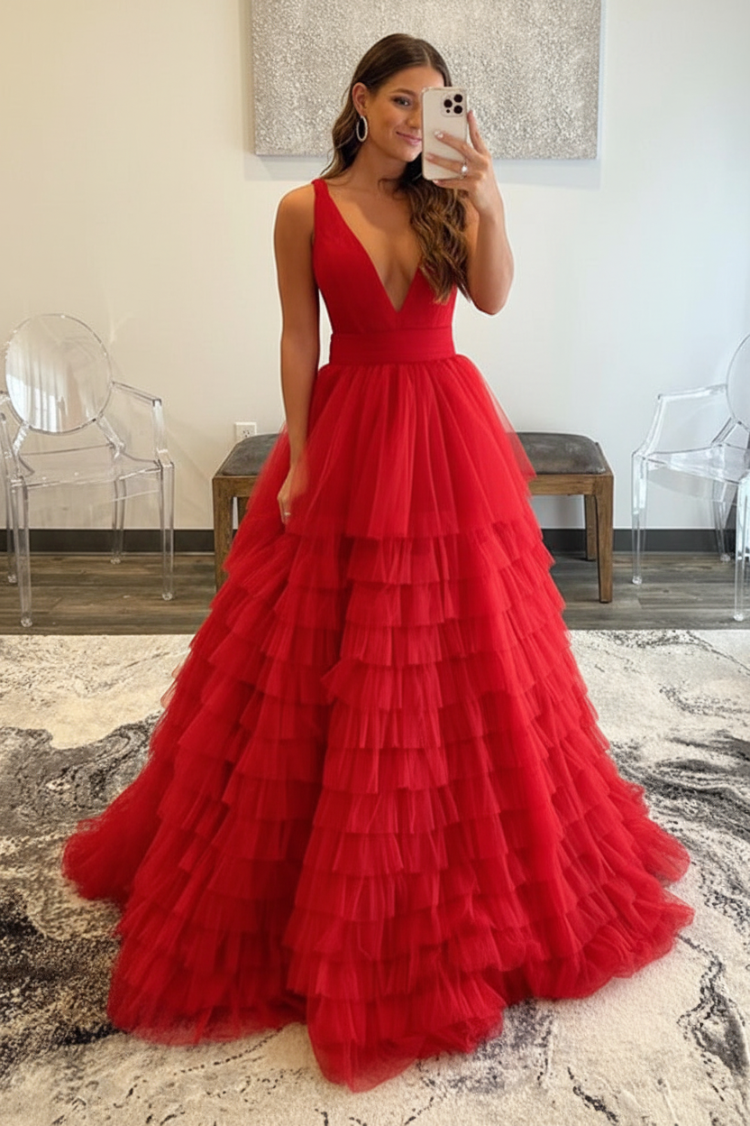 V Neck Layered Tulle Long Prom Dresses Orange Aline Formal Evening Dresses