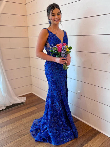 Avianna |Mermaid V Neck Sequined Lace Prom Dress with Slit