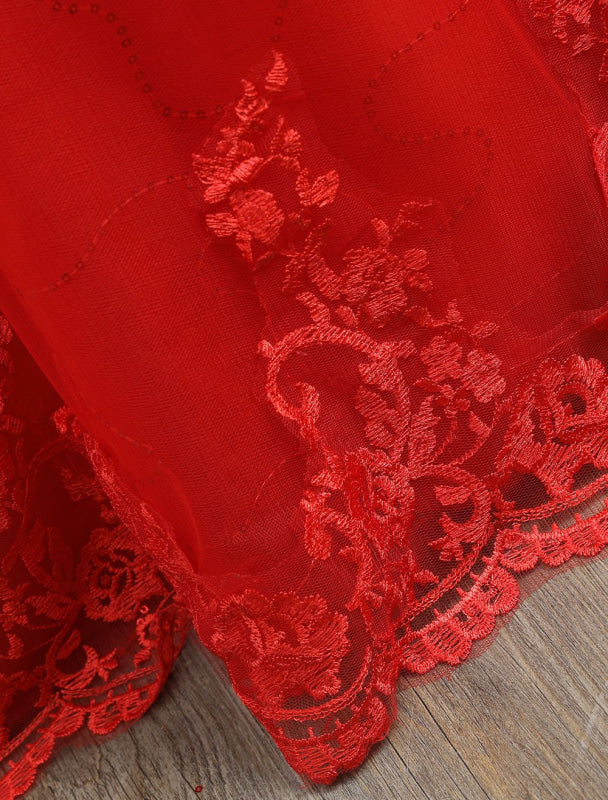 Red Wedding Dresses Lace Applique Beaded Princess Ball Gowns Train Bridal Dress