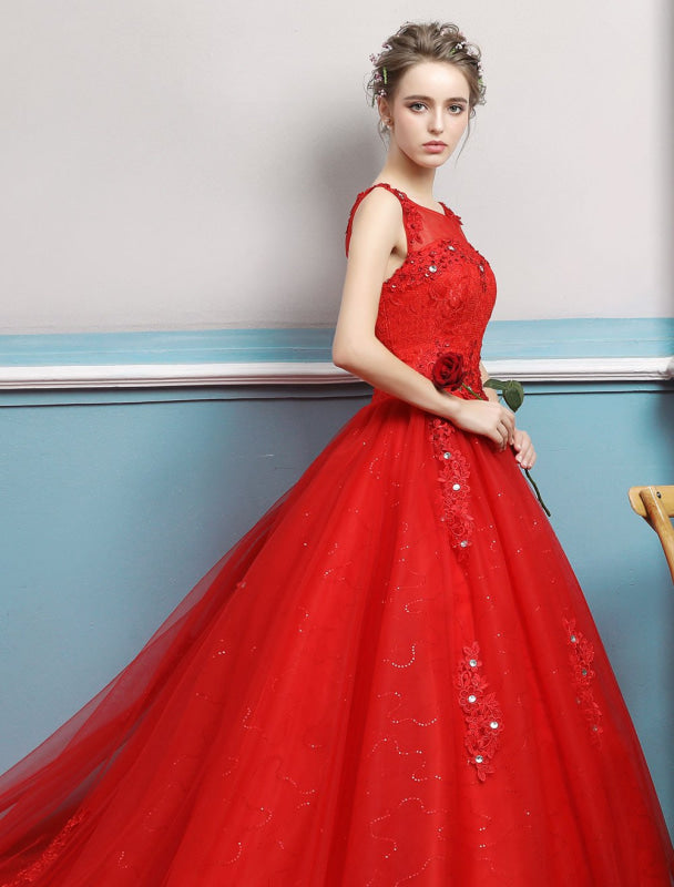 Red Wedding Dresses Lace Applique Beaded Princess Ball Gowns Train Bridal Dress