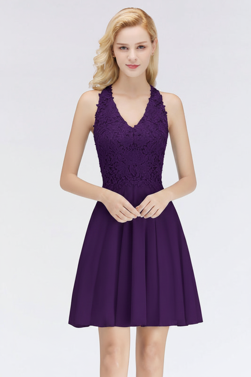 V-Neck Knee Length Floral Lace Birdesmaid Dresses