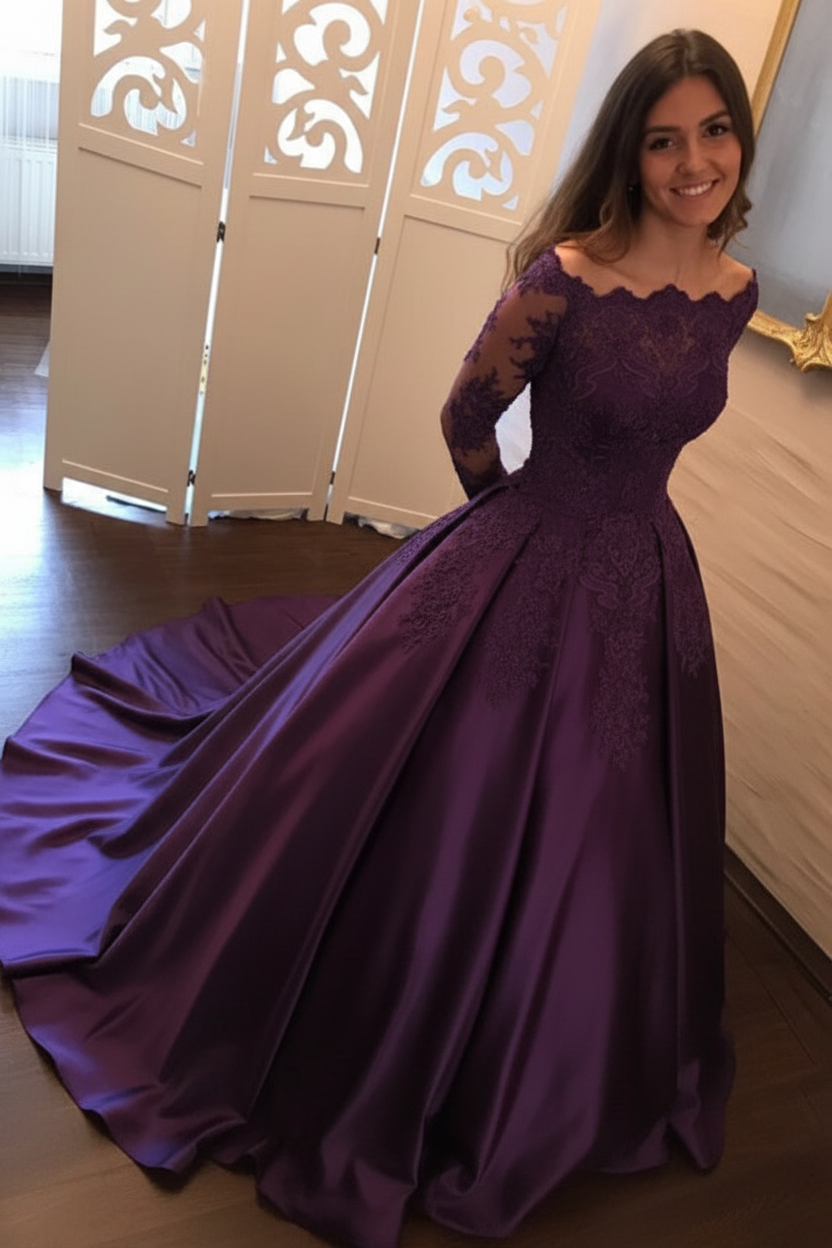 Chic Gold Off Shoulder Long Sleeve Ball Gown Appliques Satin Prom Dress