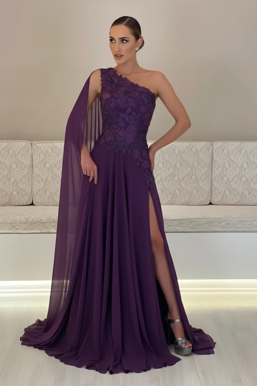 One-Shoulder Sleeveless Chiffon Evening Dresses Long with Side Slit