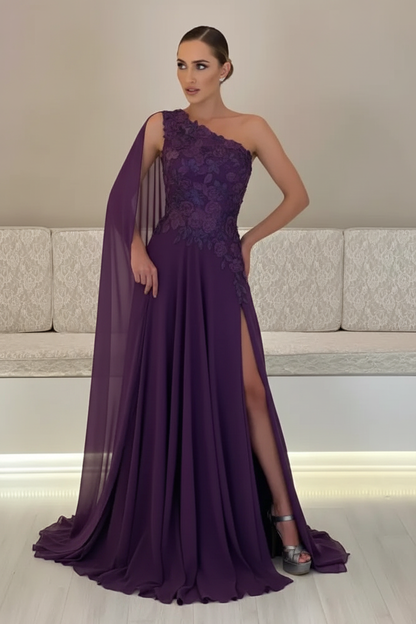 One-Shoulder Sleeveless Chiffon Evening Dresses Long with Side Slit