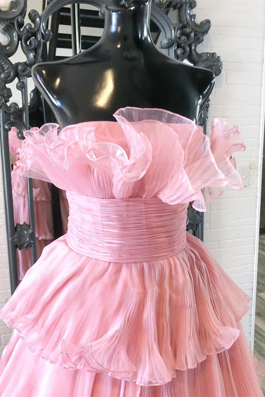 Strapless Banded Waist Tiered Long Prom Gown with Ruffles