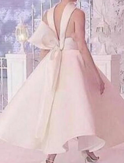 A-Line Prom Dresses Vintage Dress Homecoming Engagement Ankle Length Sleeveless Halter Neck  Satin with Sleek Bow(s)