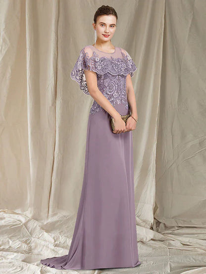 DingjiSheath / Column Mother of the Bride Dress Elegant Jewel Neck Sweep / Brush Train Chiffon Lace Sleeveless with Ruffles Appliques