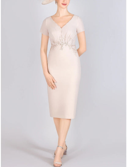 Two Piece Mother of the Bride Dress Wedding Guest Elegant Petite V Neck Knee Length Chiffon 3/4 Length Sleeve with Beading Appliques