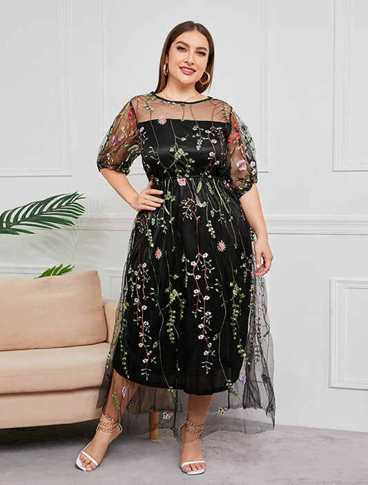 Mother of the Bride Dresses Plus Size Curve Hide Belly Party Plus Size Hide Belly Scoop Neck Ankle Length Tulle Half Sleeve with Embroidery Ruching