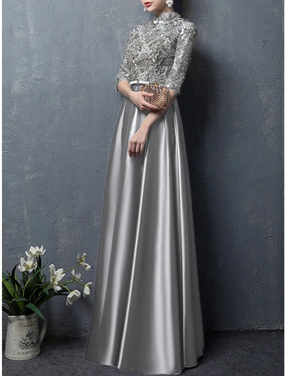 A-Line Mother of the Bride Dress Wedding Guest Elegant Vintage High Neck Floor Length Satin Half Sleeve with Bow(s) Appliques