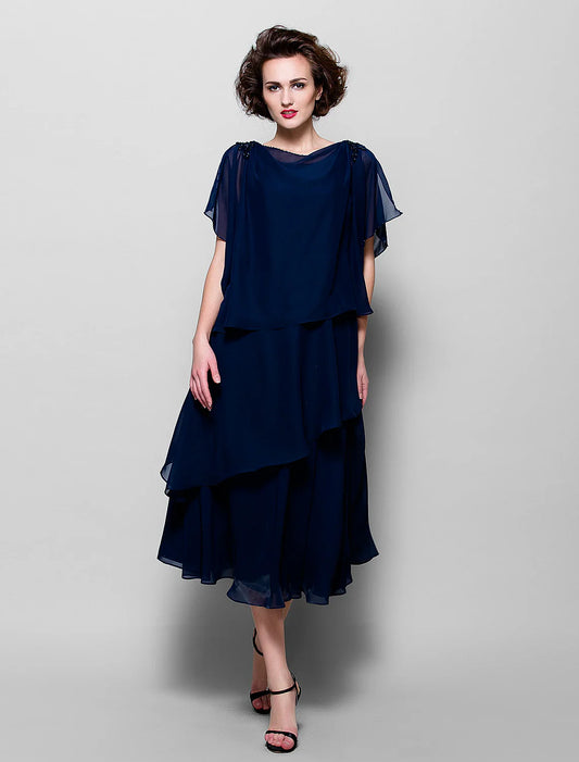Aimishang  A-Line Mother of the Bride Dress Plus Size Elegant Cowl Neck Tea Length Chiffon Short Sleeve with Ruffles Crystal Brooch